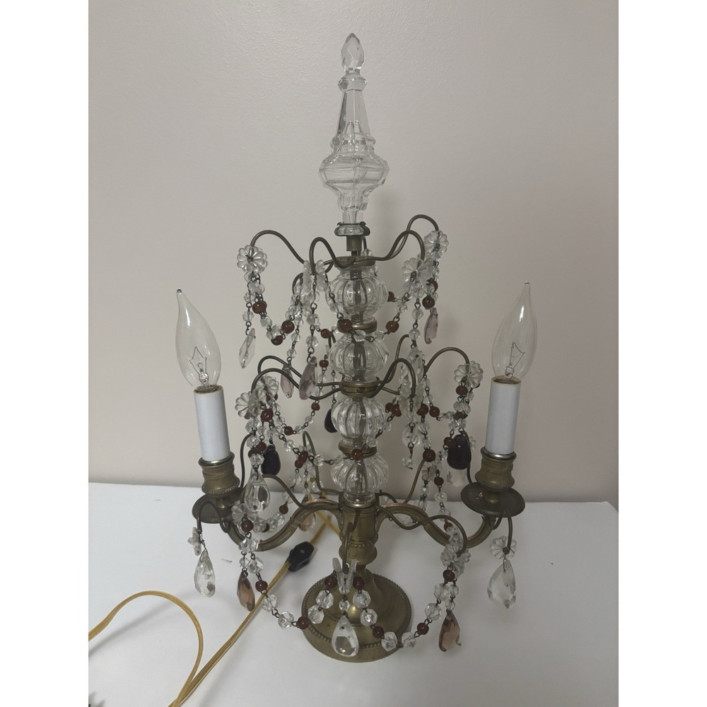 Vintage Brass Candelabra Electric Table Lamp 2 Light Prism Crystals‎ 18" Works